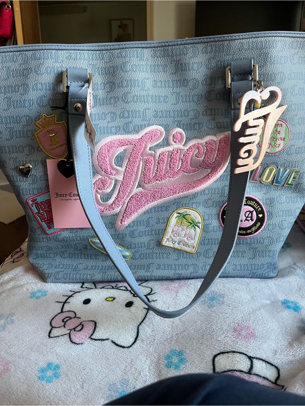 Juicy Couture Light Blue Denim-Style Tote with Pink Chenille 'Juicy' Patch